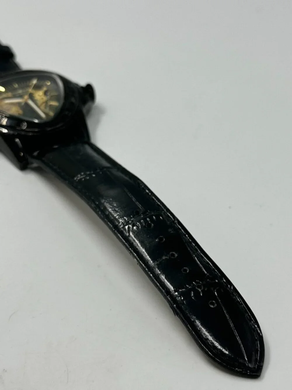 Winner Automatic Watch 49mm Black Triangle Case Skeleton Dial Leather Band